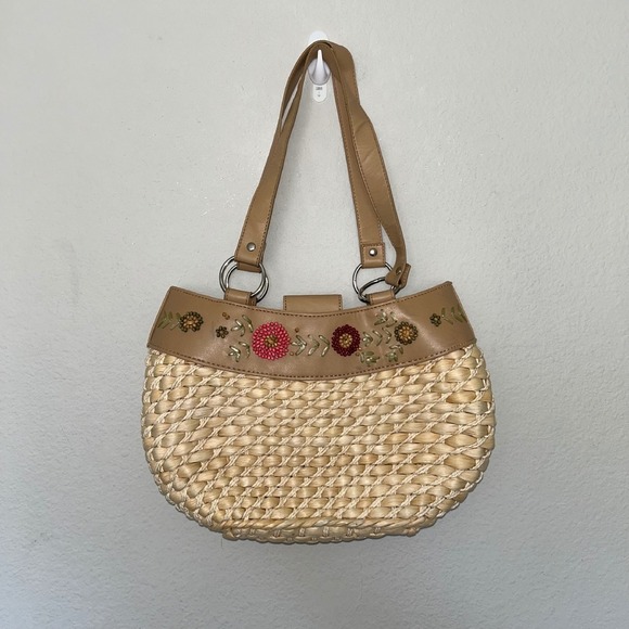 Avon Straw Purse Floral Beaded Shoulder Bag Summer Beach Handbag‎ - Picture 1 of 7